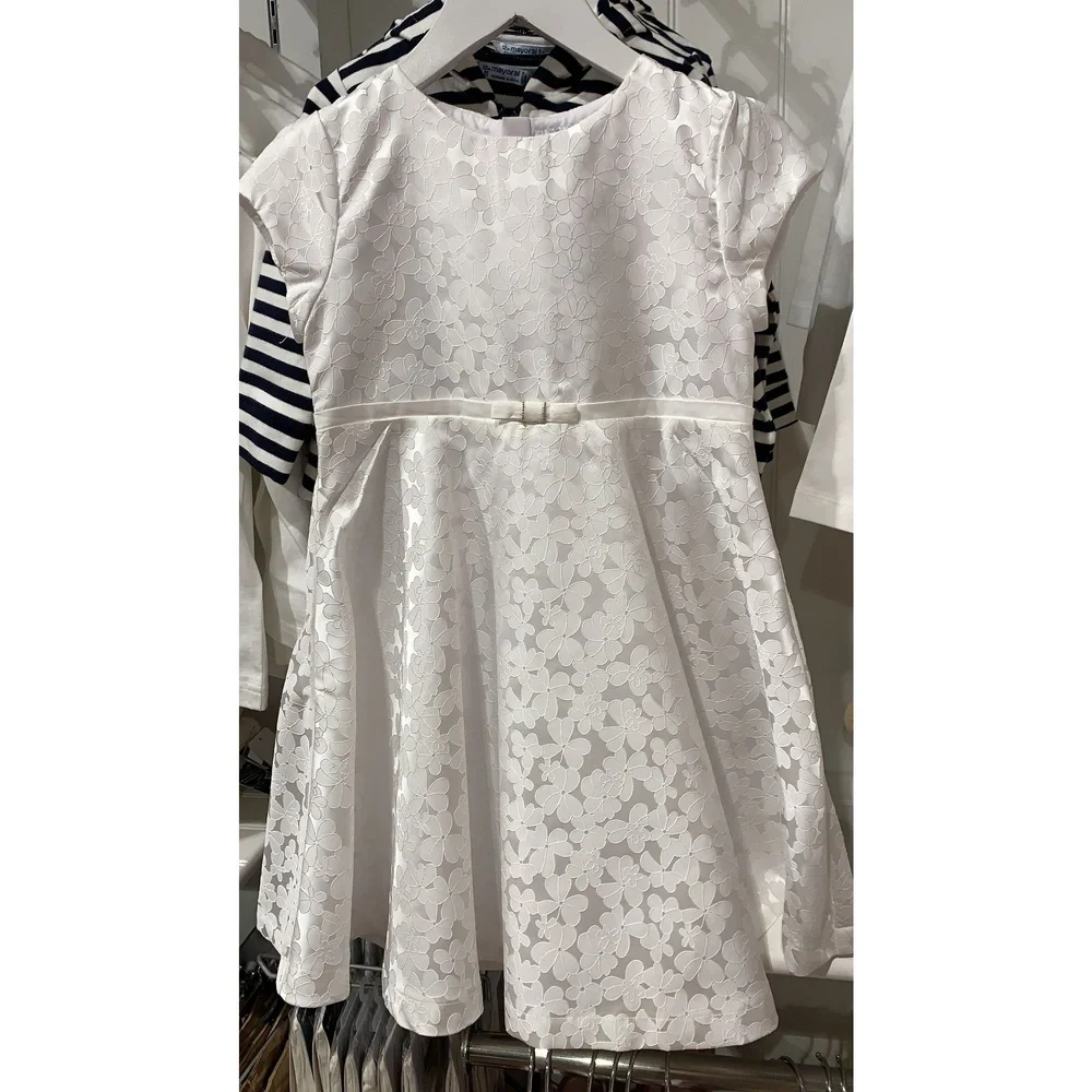 Dress Girls' White EUC Floral Lace, Bow Detail